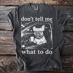 Dark gray t-shirt graphic of French bulldog in car holding coffee cup with text