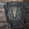 Dark gray t-shirt with a graphic featuring a deer skull, flames, hooded figures, and runes.