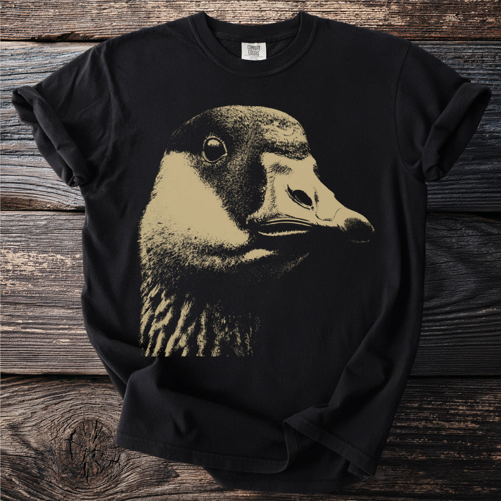 Black t-shirt with a sepia-toned illustration of a goose's head on the front.
