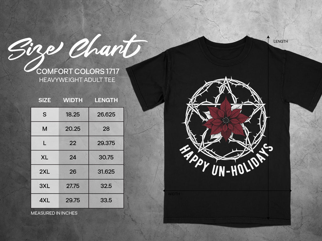 Comfort Colors 1717 heavyweight adult tee size chart showing width and length in inches.