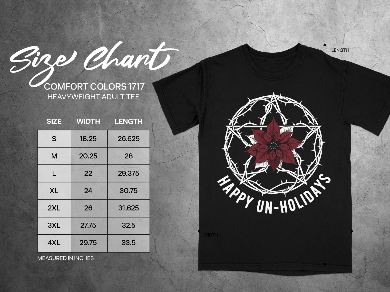 Comfort Colors 1717 heavyweight adult tee size chart showing width and length in inches.