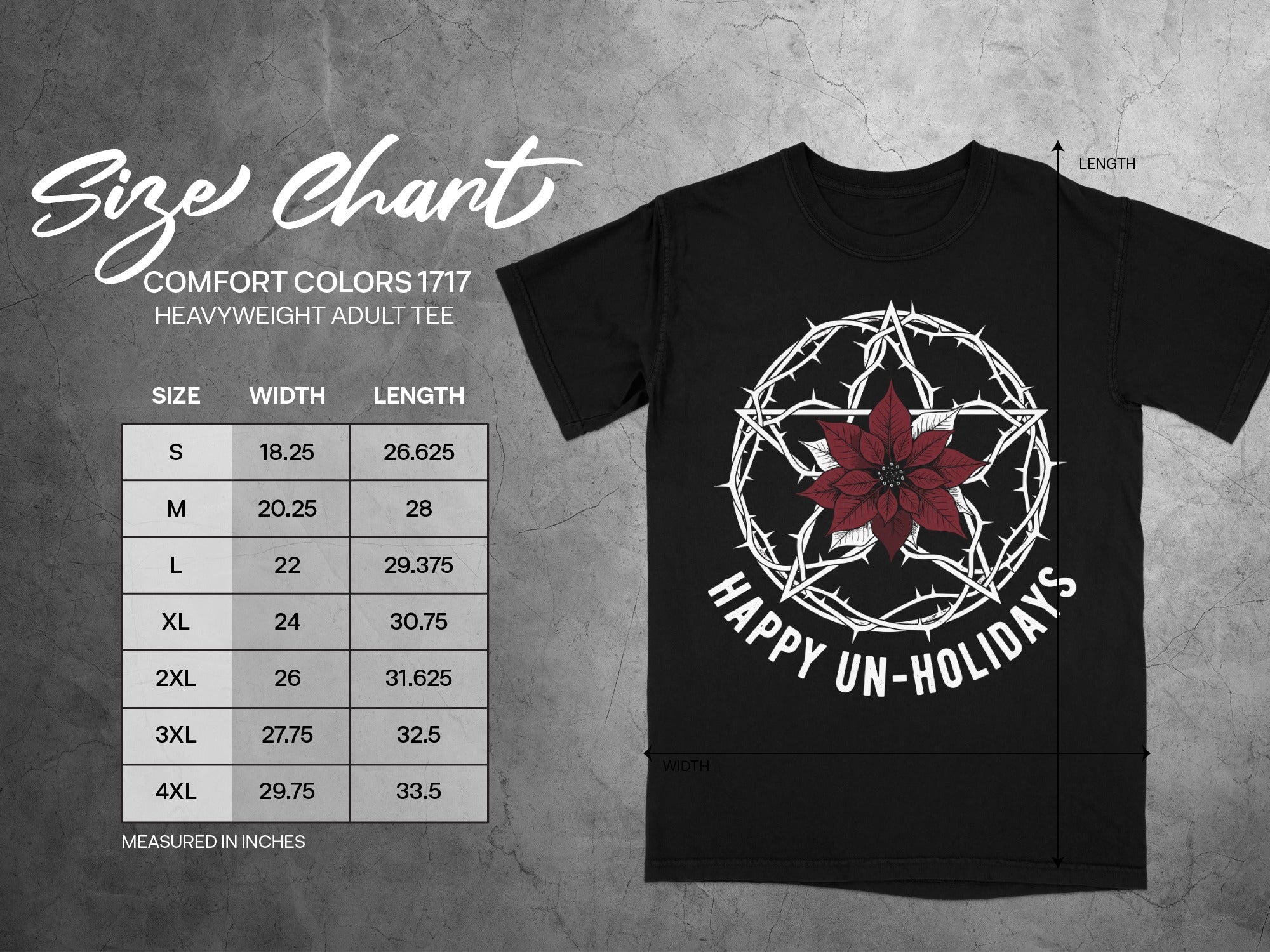 Comfort Colors 1717 heavyweight adult tee size chart showing width and length in inches.