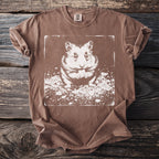 Brown t-shirt with a white graphic of a hamster eating a small treat.