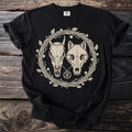 Black t-shirt with a horned animal skull and wolf skull inside a branch wreath.
