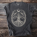 Dark grey t-shirt with a circular design of a tree, two ravens, and an eye.
