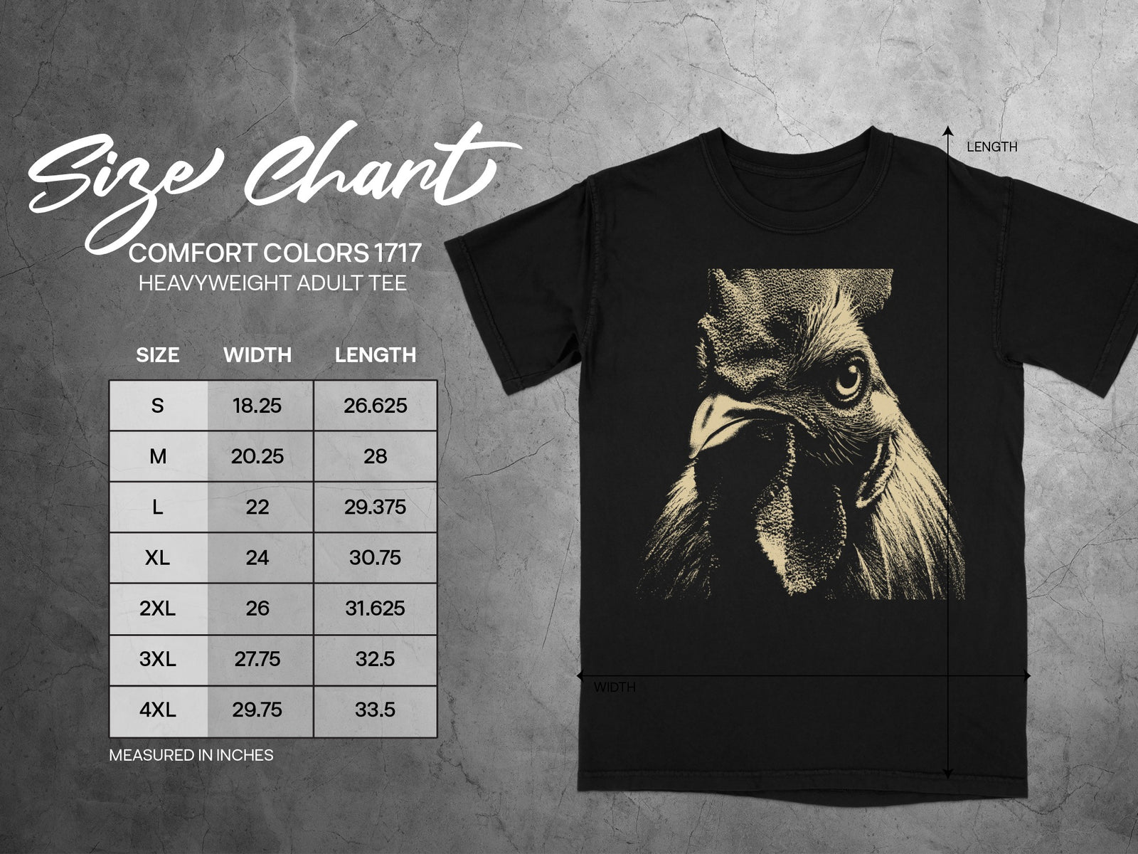 Comfort Colors 1717 heavyweight adult tee size chart with width and length measurements in inches.