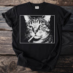 Black t-shirt with distressed print of a cat smoking a cigarette.