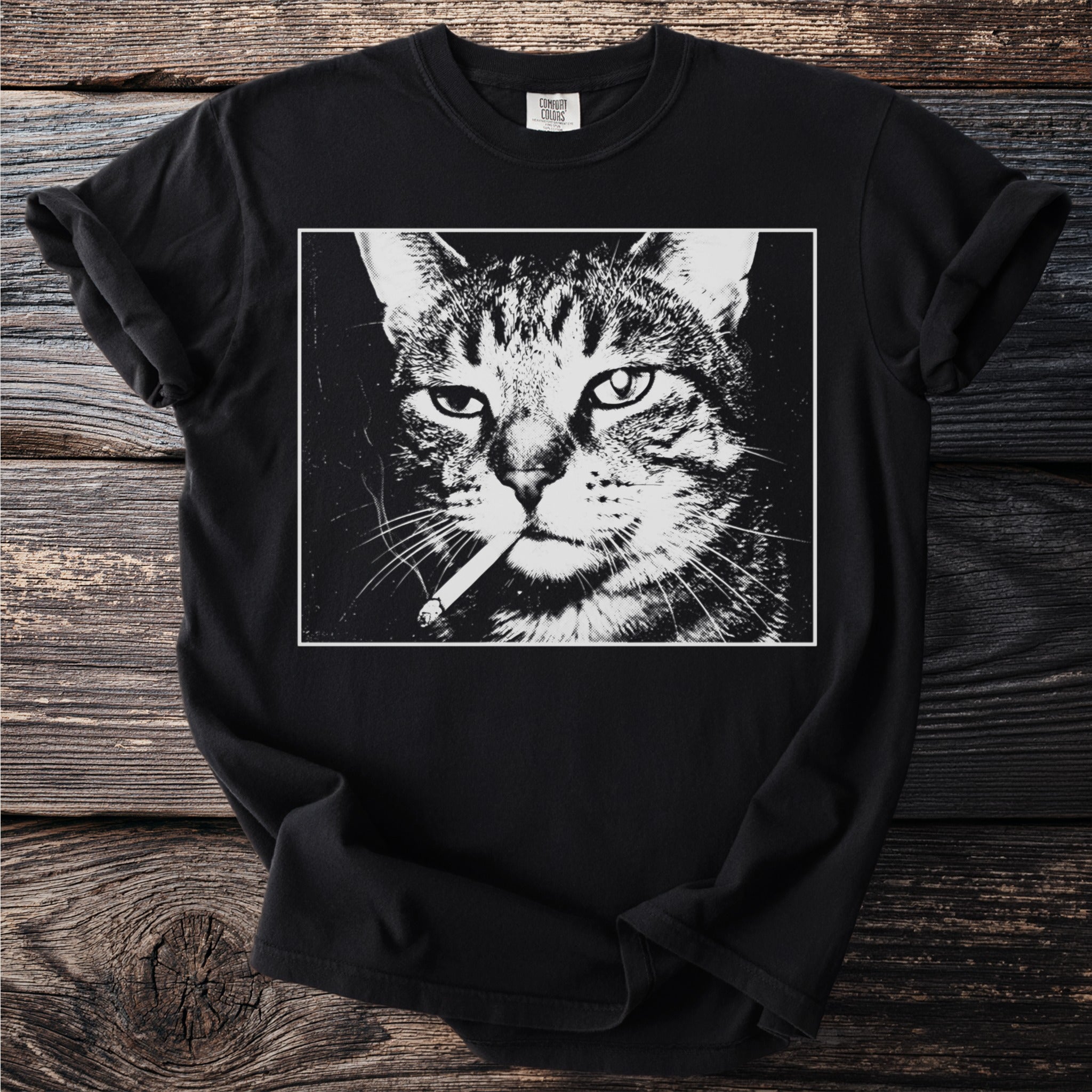 Black t-shirt with distressed print of a cat smoking a cigarette.