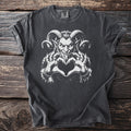 Dark grey t-shirt with white graphic of Krampus making a heart shape with his hands.