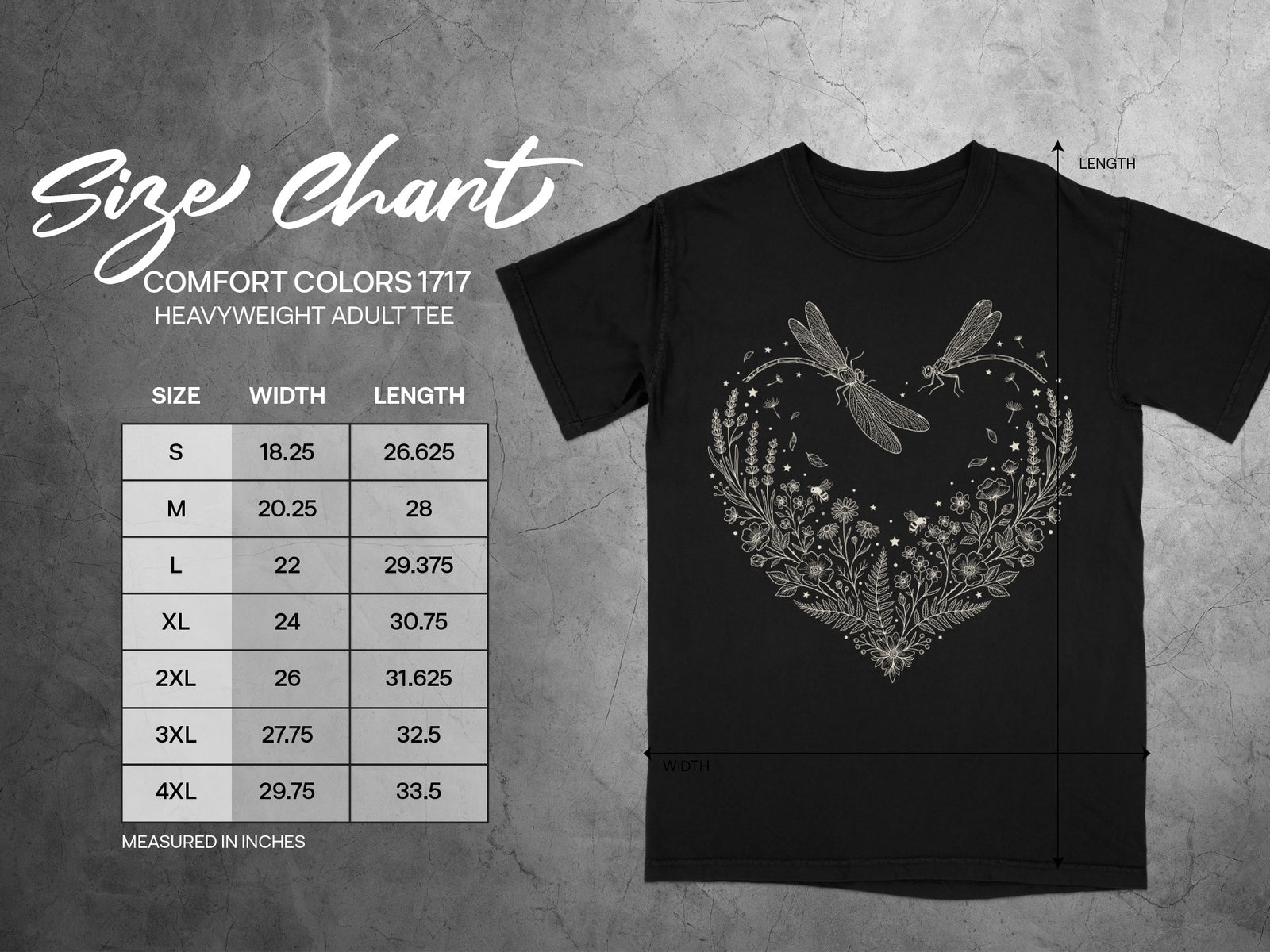 Comfort Colors 1717 heavyweight adult tee size chart with width and length measurements.