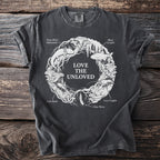 T-shirt with "Love The Unloved" circle art of cave animals and mushrooms.