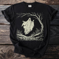 Black t-shirt with a distressed ghost under a creepy tree in light cream.
