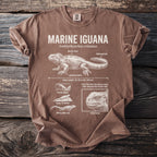 Brown t-shirt with Marine Iguana details: body length, traits, and eating habits.