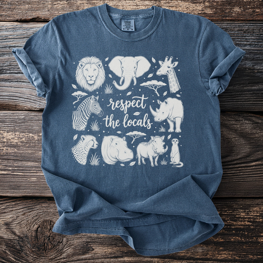 Blue t-shirt with line art of African animals and text "respect the locals".