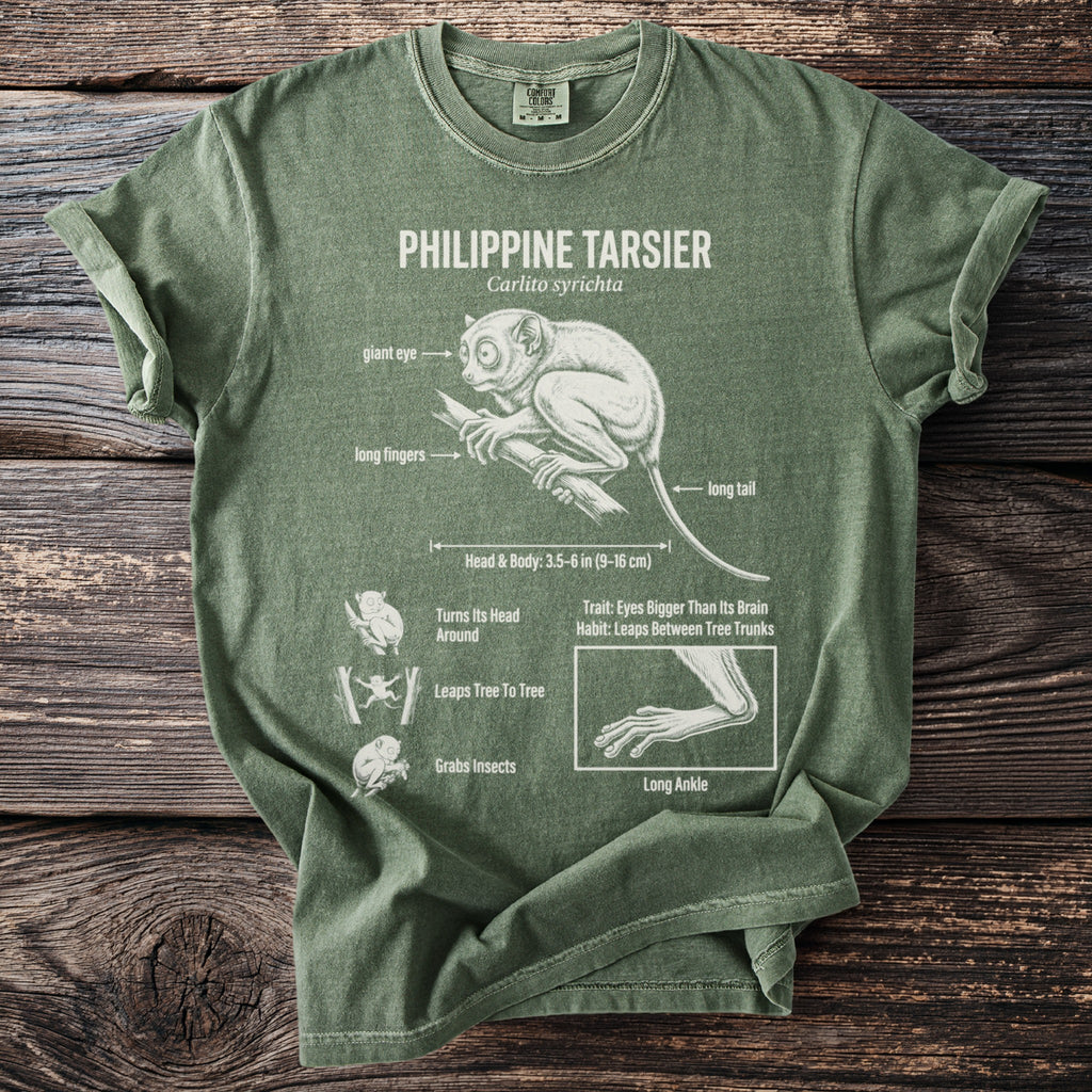 Green t-shirt with Philippine Tarsier illustration and anatomical labels.