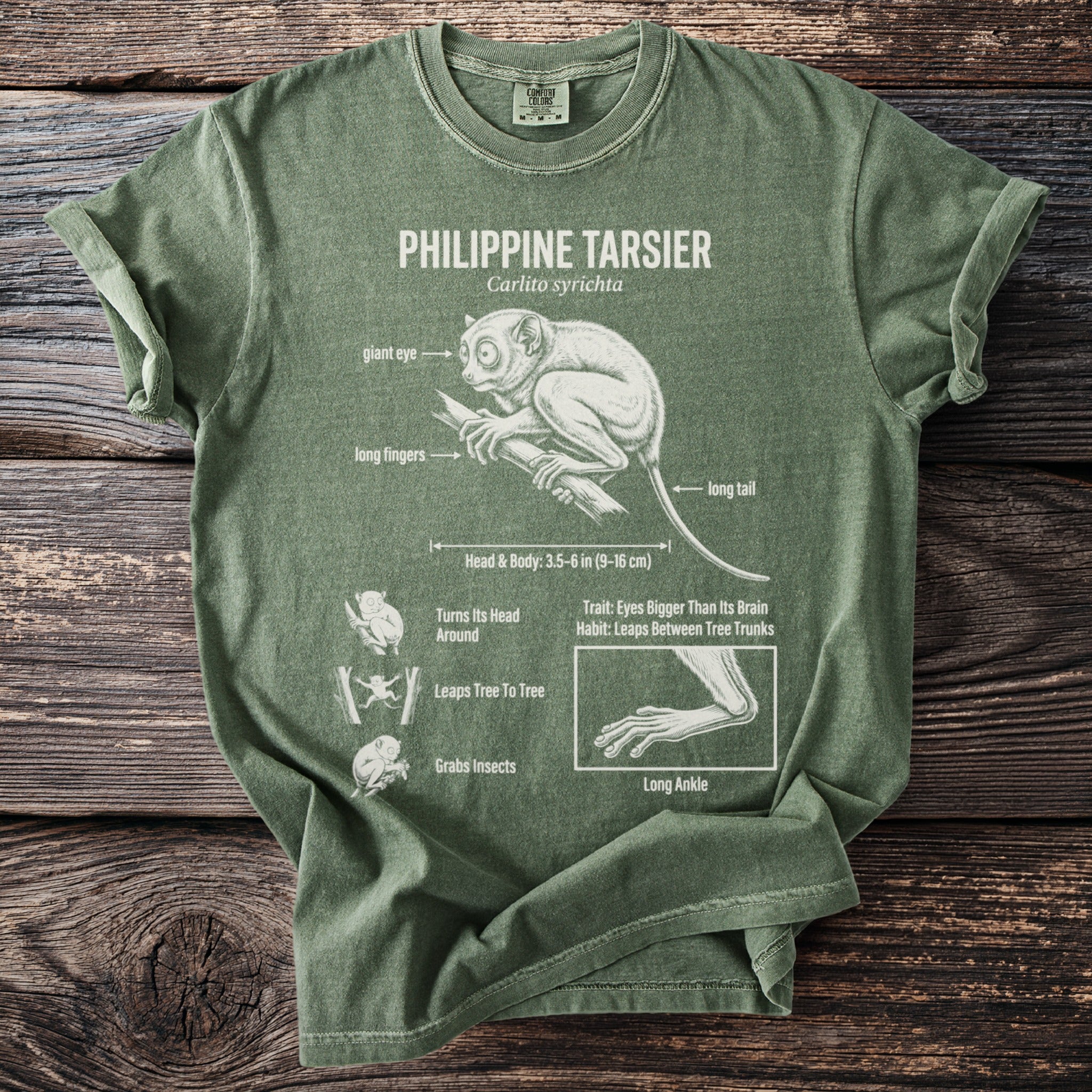 Green t-shirt with Philippine Tarsier illustration and anatomical labels.