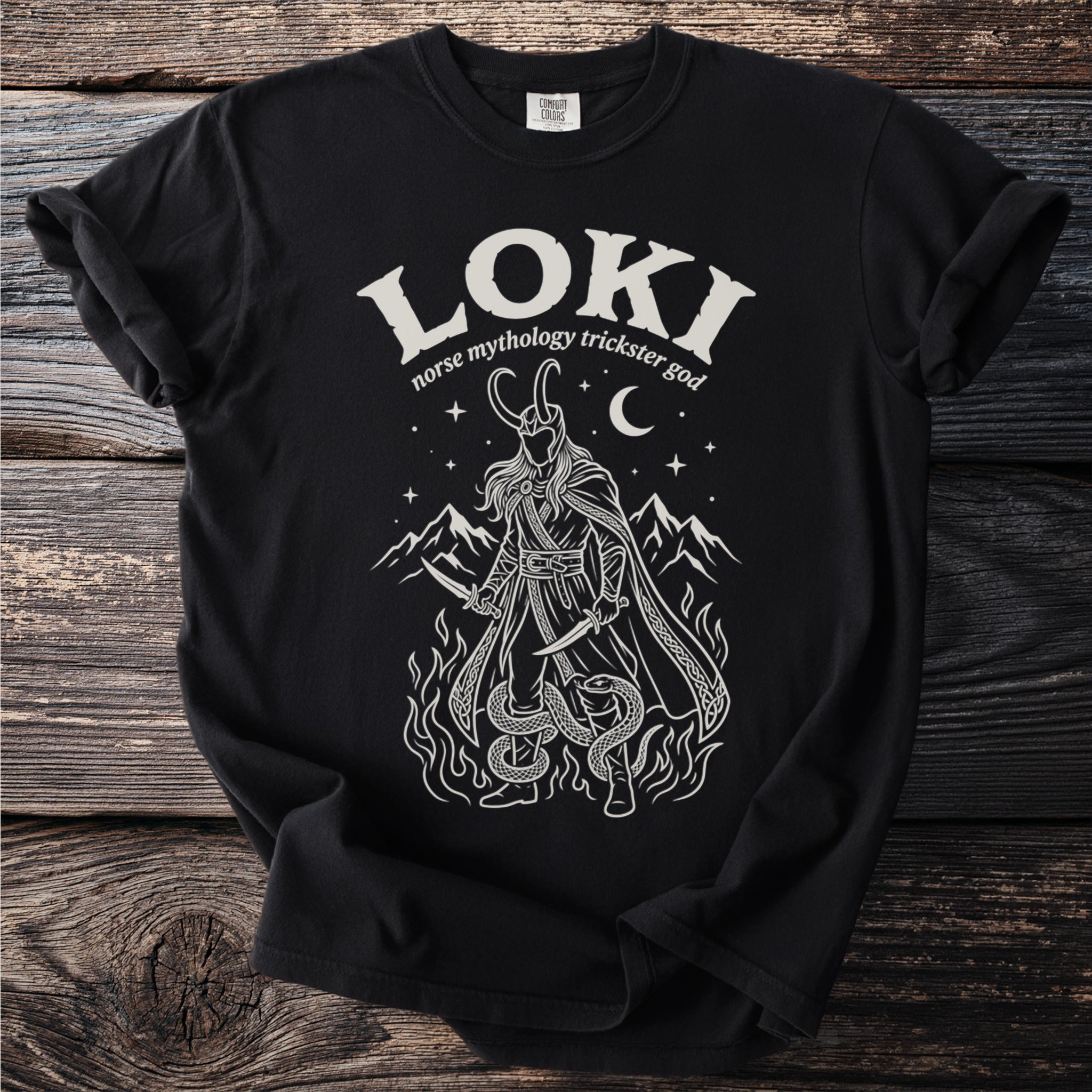 Black t-shirt with "LOKI norse mythology trickster god" text and Loki illustration.