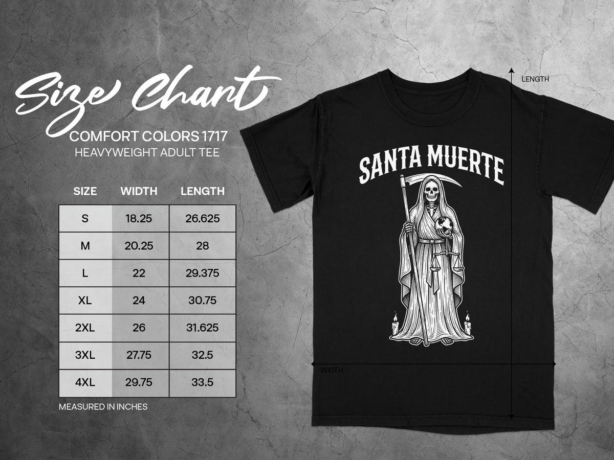 Comfort Colors 1717 heavyweight adult tee size chart with Santa Muerte graphic.