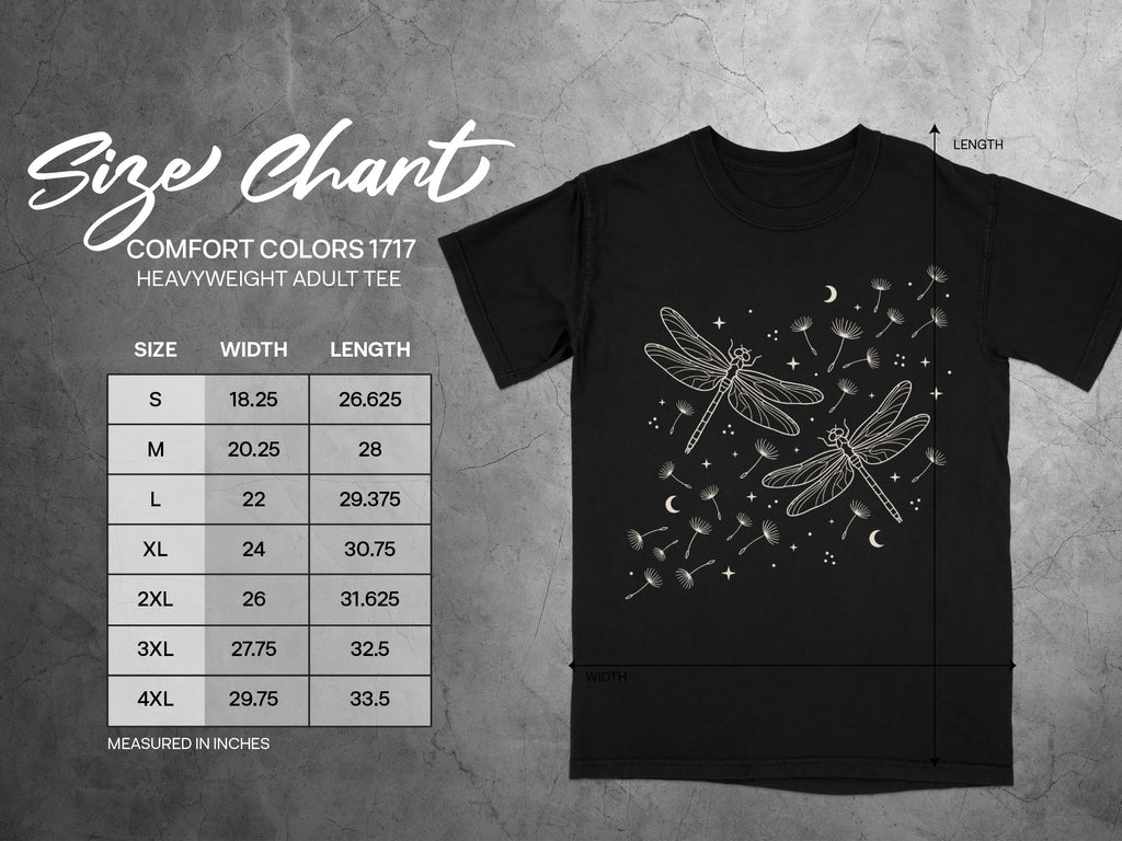 Comfort Colors 1717 heavyweight adult tee size chart in inches with dragonfly graphic.