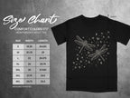 Comfort Colors 1717 heavyweight adult tee size chart in inches with dragonfly graphic.