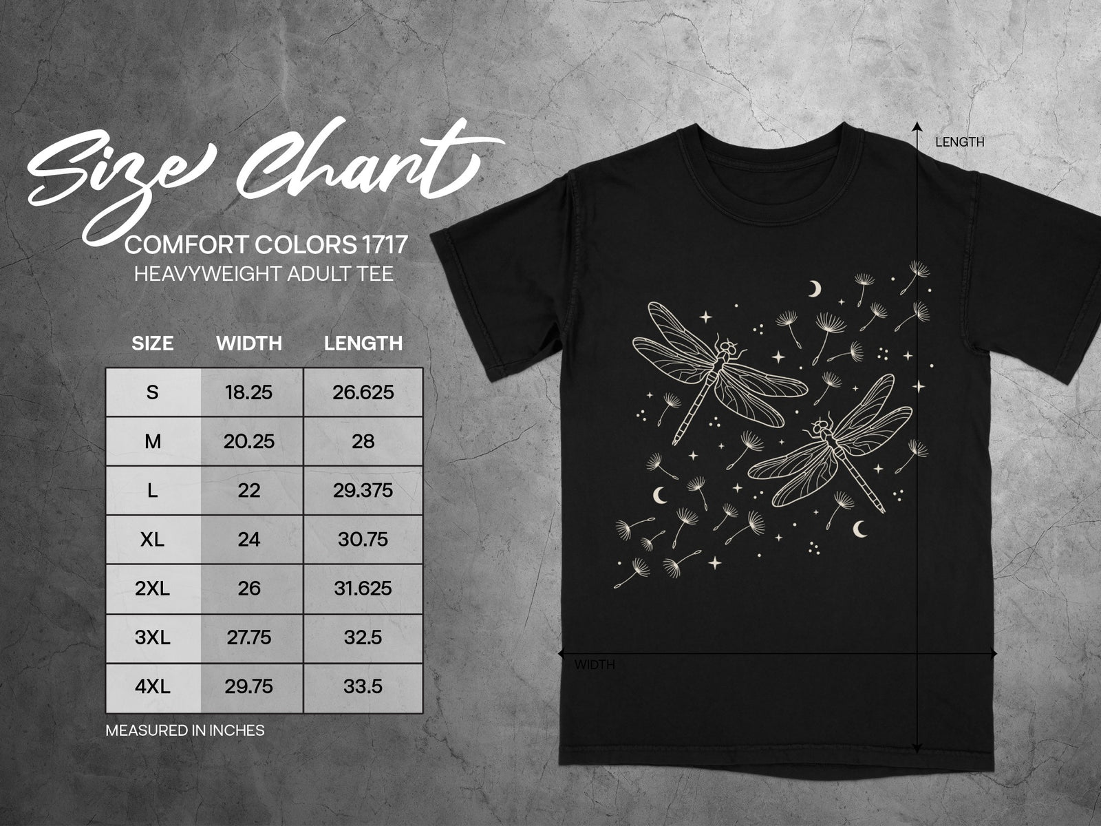 Comfort Colors 1717 heavyweight adult tee size chart in inches with dragonfly graphic.