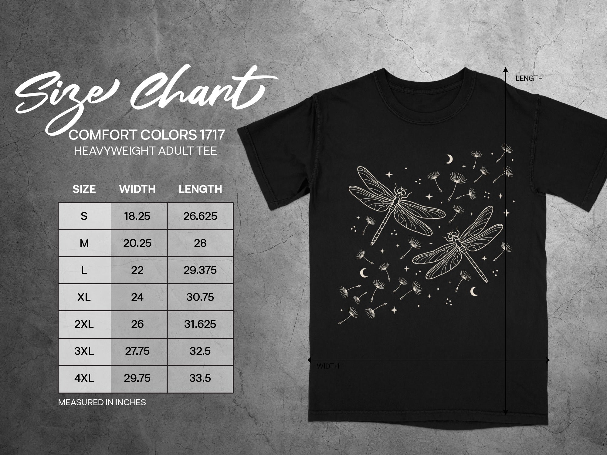 Comfort Colors 1717 heavyweight adult tee size chart in inches with dragonfly graphic.