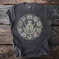 Dark grey t-shirt with a circular design featuring a goddess and seasonal elements.