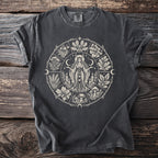 Dark grey t-shirt with a circular design featuring a goddess and seasonal elements.