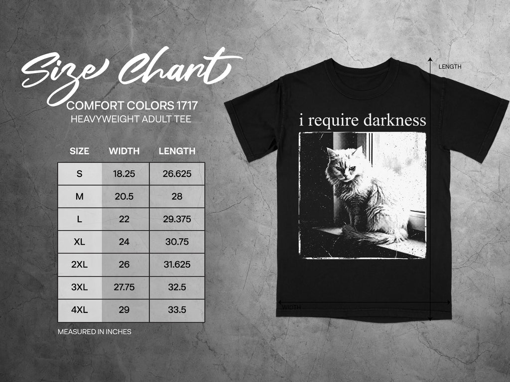 Size chart for Comfort Colors 1717 heavyweight adult tee, with t-shirt featuring a cat and text.