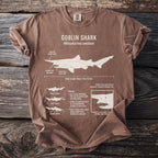 Brown t-shirt with a diagram and information about the Goblin Shark.