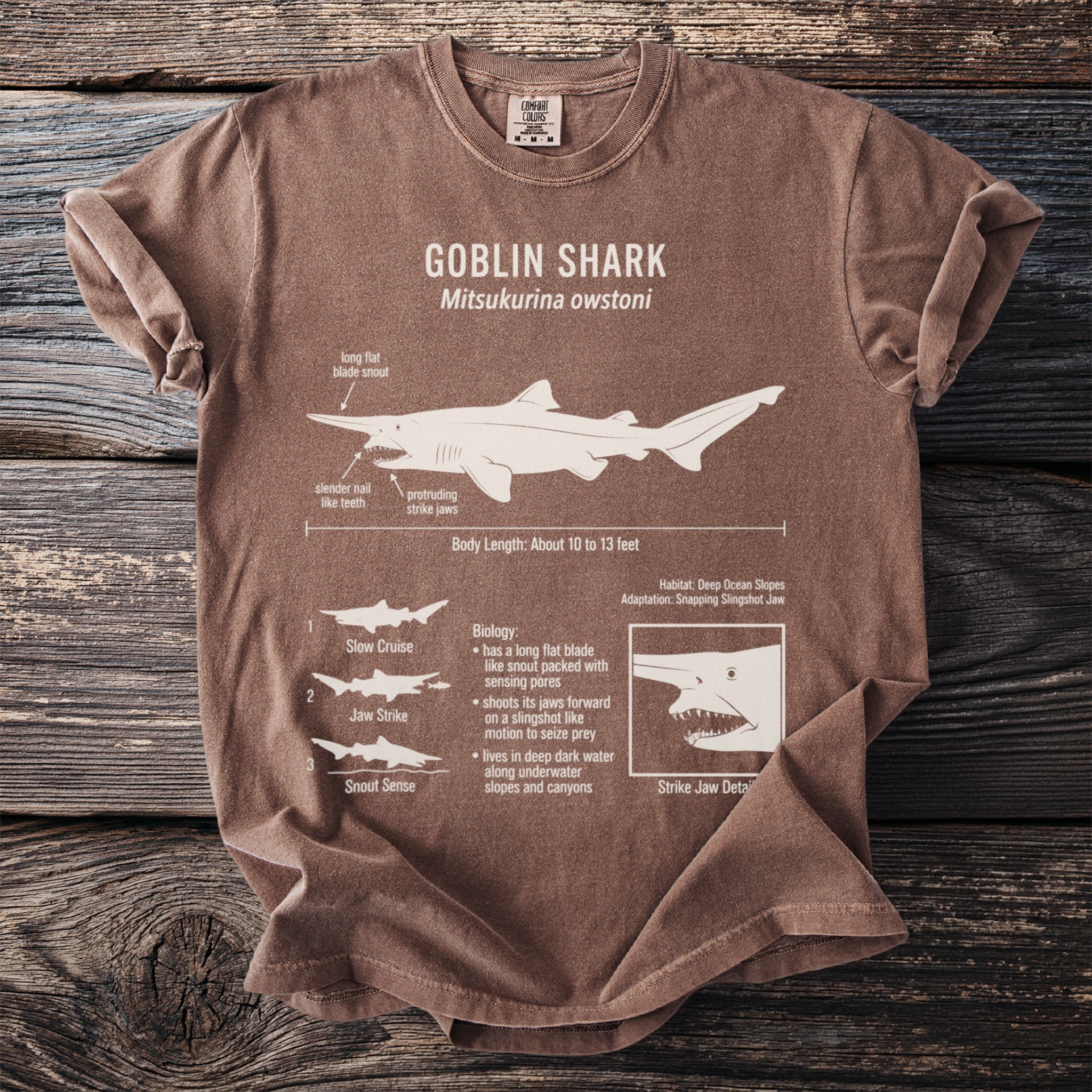 Brown t-shirt with a diagram and information about the Goblin Shark.