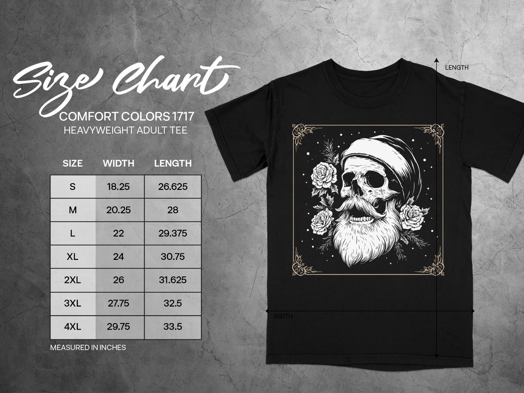 Comfort Colors 1717 heavyweight adult tee size chart with width and length measurements.
