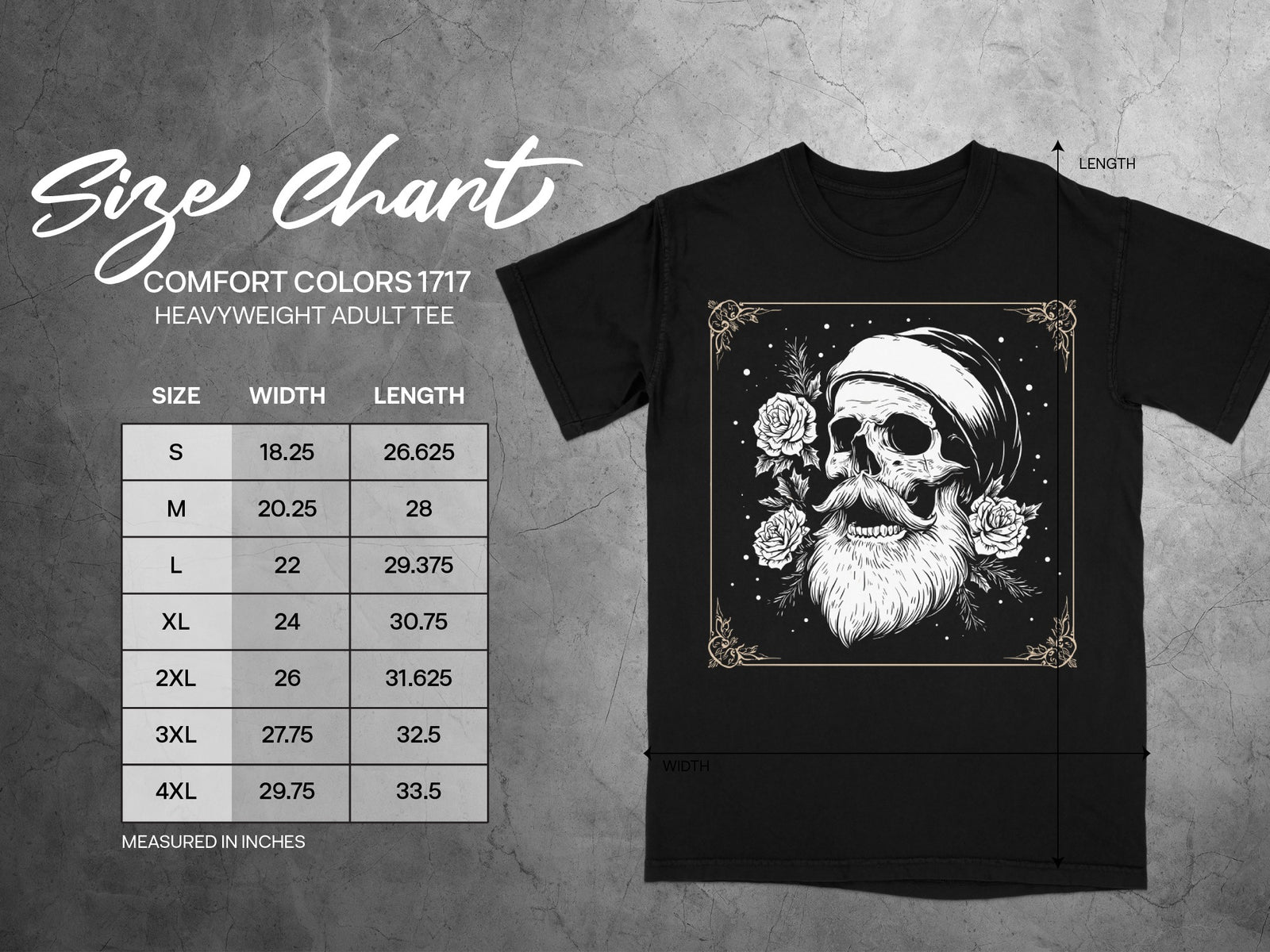 Comfort Colors 1717 heavyweight adult tee size chart with width and length measurements.