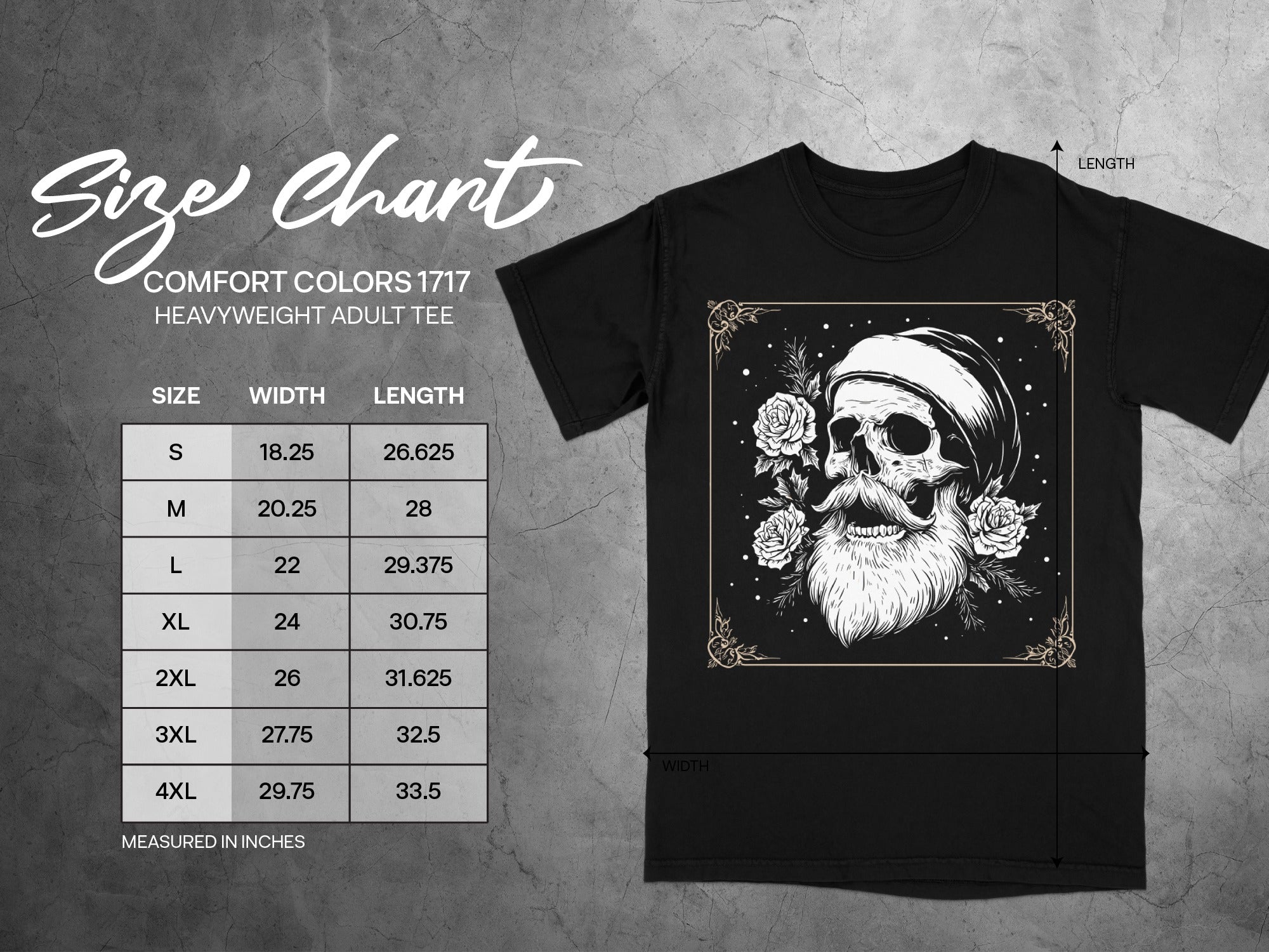 Comfort Colors 1717 heavyweight adult tee size chart with width and length measurements.