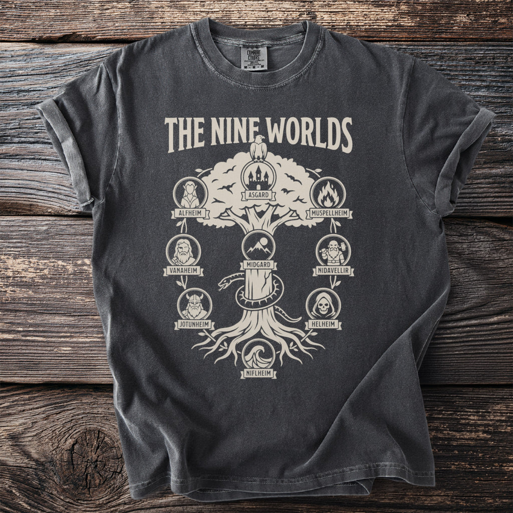 Dark grey t-shirt with "The Nine Worlds" and Yggdrasil tree diagram of Norse mythology realms.