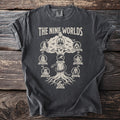 Dark gray t-shirt showing Yggdrasil diagram of the Nine Worlds.