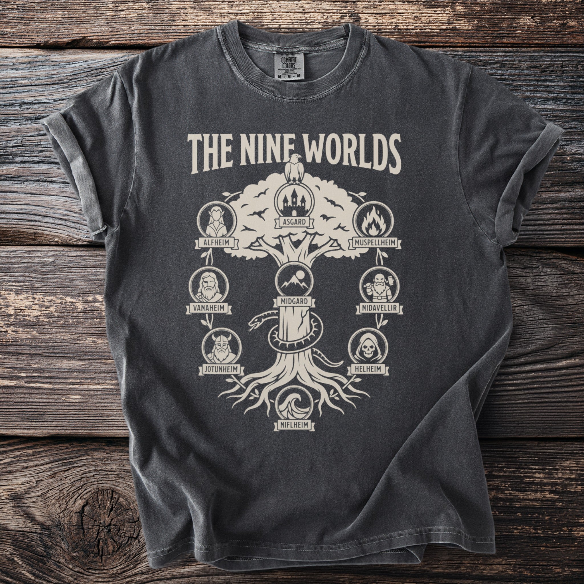 Dark grey t-shirt with "The Nine Worlds" and Yggdrasil tree diagram of Norse mythology realms.