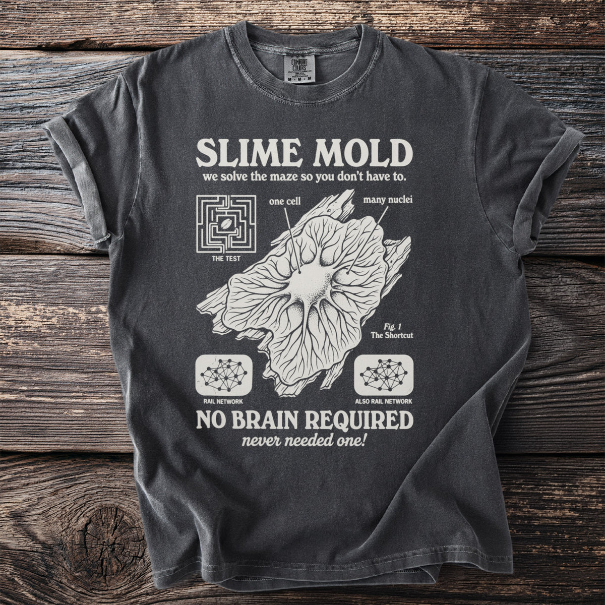 Dark grey t-shirt with "SLIME MOLD" text, maze, and diagram.