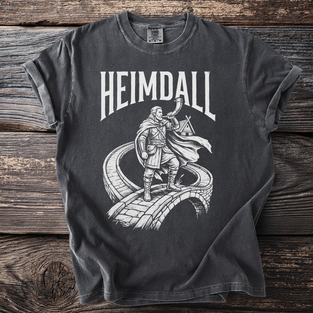 Heimdall graphic t-shirt with Viking warrior blowing horn on arched bridge.