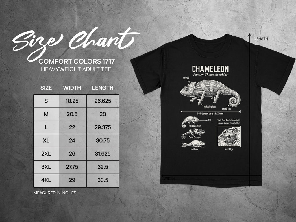 Comfort Colors 1717 garment size chart in inches.