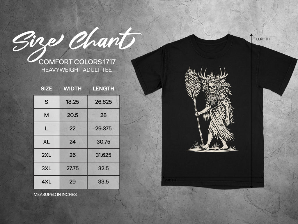 Size chart for Comfort Colors 1717 heavyweight adult tee with measurements.