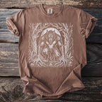 Brown Comfort Colors t-shirt with white werewolf forest moon graphic.
