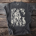 Dark gray t-shirt with a cream graphic of a satyr playing pipes surrounded by nature.