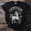 Black t-shirt with a white centaur archery graphic and "Centaur Greek Mythology Horse Archer" text.