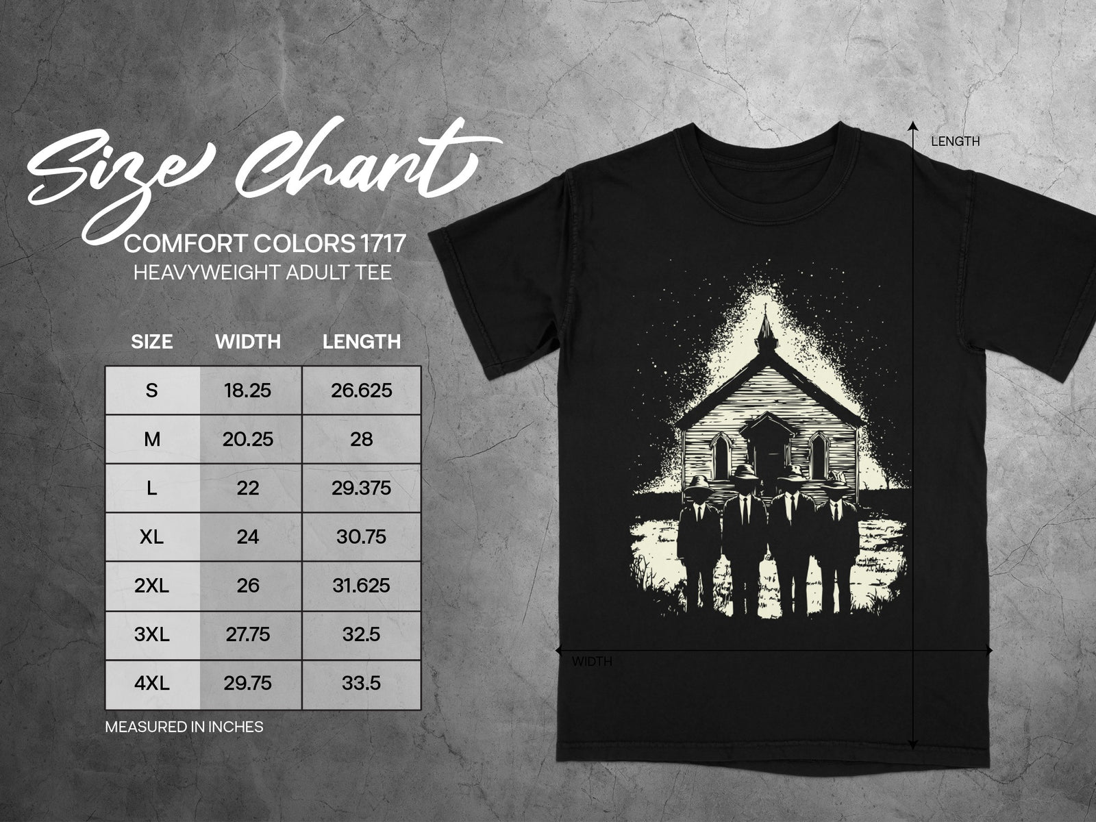 Comfort Colors 1717 Heavyweight Adult Tee size chart with width and length measurements.