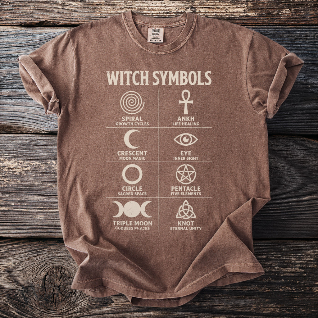 Brown t-shirt with "WITCH SYMBOLS" and grid of symbols with descriptions.