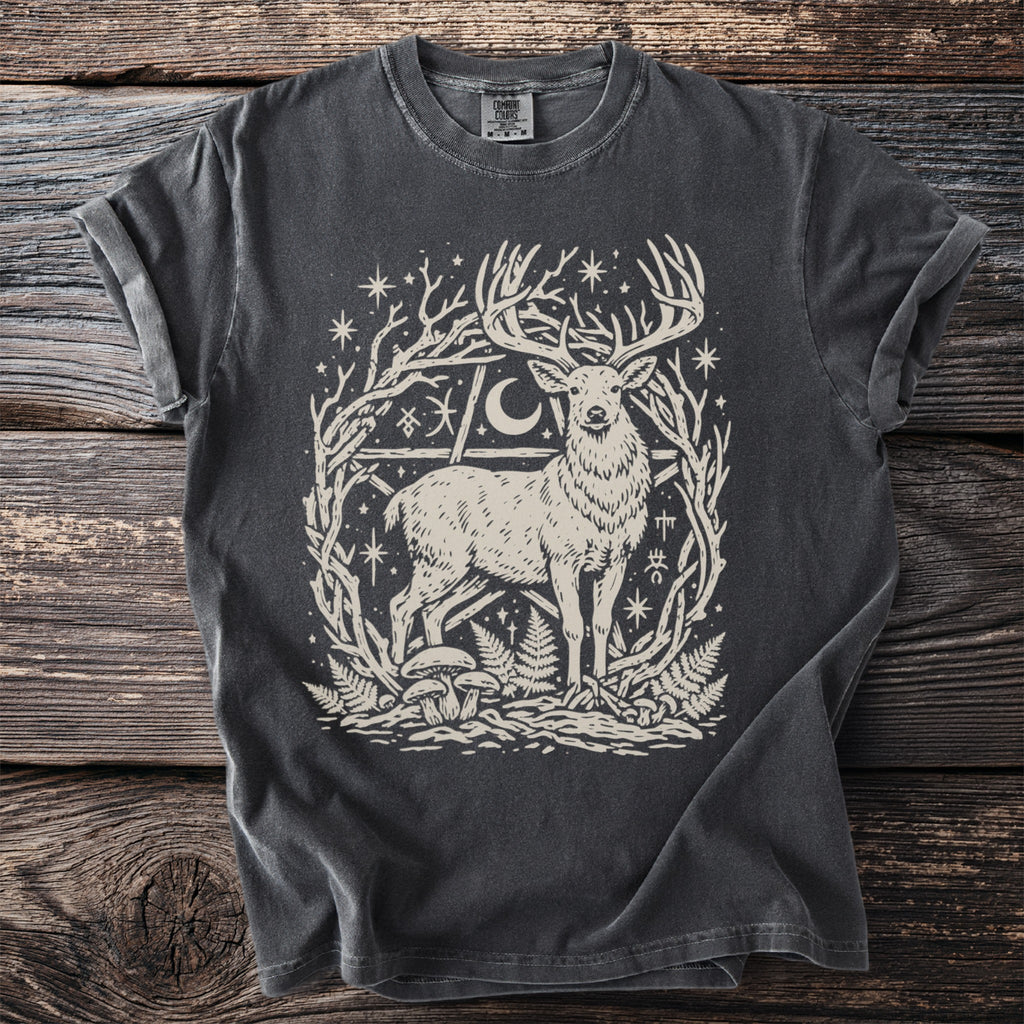Dark gray t-shirt featuring a stag within a moon and star-filled pentagram frame.