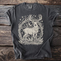 Dark gray t-shirt featuring a stag within a moon and star-filled pentagram frame.