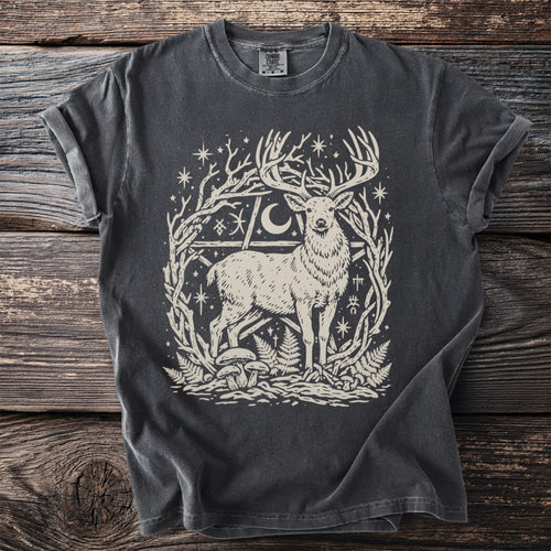 Dark gray t-shirt featuring a stag within a moon and star-filled pentagram frame.