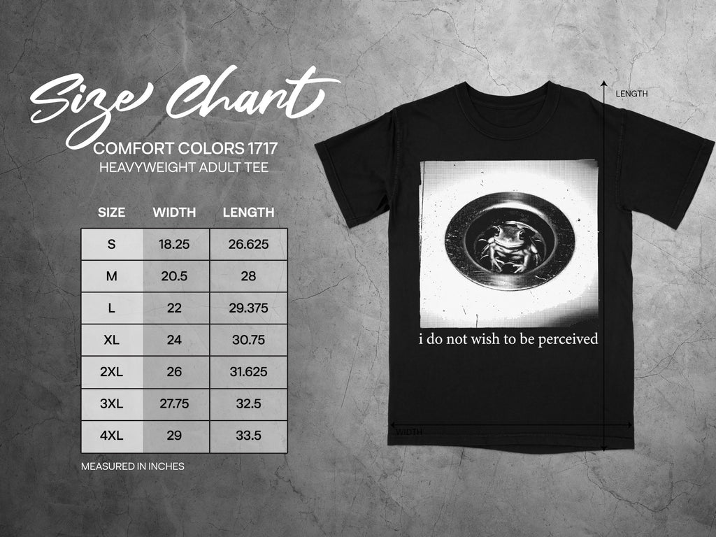 Comfort Colors 1717 garment size chart in inches.